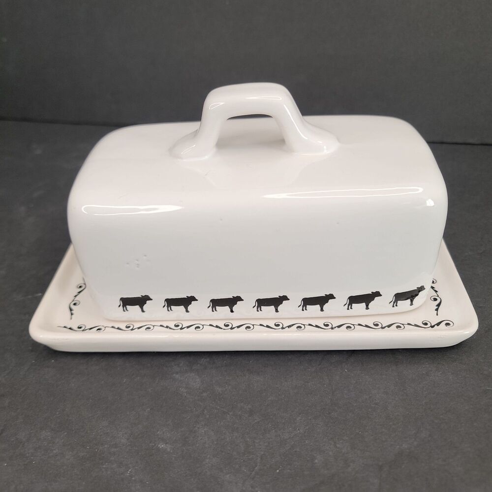 Farmhouse Ceramic Butter Dish White Black Cows Country Kitchen Decor 7.75"
